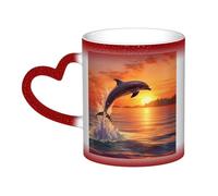 Sunset Dolphin Coffee Mug with Handle 11 Oz, Color Changing Cups In The Sky, Heat Sensitive Magic Funny Art Mug, Unique Coffee Tea Cup Porcelain Mugs Gift for Women Men Red