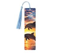Sunset Dolphin Jumping Bookmark Sea Ocean Wooden Bookmark with Tassel Book Mark for Women Men Reading Page Markers Gifts for Book Lovers
