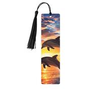 Sunset Dolphin Jumping Bookmark Sea Ocean Wooden Bookmark with Tassel Book Mark for Women Men Reading Page Markers Gifts for Book Lovers