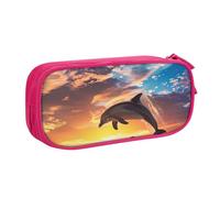 Sunset Dolphin Jumping Pencil Case for Boys Girls Sea Ocean Large Pen Bag Desk Stationery Organizer Pencil Pouch for School Office Zippered Makeup Bag