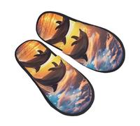 Sunset Dolphin Jumping Slippers for Women Men Sea Ocean Non-Slip House Slippers Indoor Comfy Fuzzy Footwear Memory Foam Bedroom Travel Shoes M
