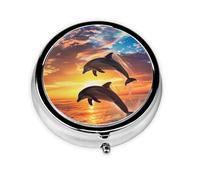 Sunset Dolphin Jumping Small Pill Box 3 Compartment Portable Pill Box for Purse Pocket Sea Ocean Mini Medicine Organiser for Daily Vitamin Fish Oil Storage