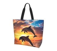 Sunset Dolphin Jumping Tote Bag Women's Shoulder Handbags Sea Ocean Shopping Bags Water-Resistant Large Handbag with Inner Pocket for Work Travel School