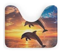 Sunset Dolphin Jumping U Shape Toilet Mat 40x50 cm, Absorbent Coral Velvet | Sea Ocean Pedestal Mat, Soft Plush, Non Slip, Quick Dry, Machine Washable, for Bathroom Floor