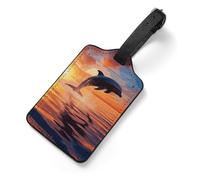 Sunset Dolphin Luggage Tags with Information Card & Detachable Strap - Durable PU Scratch-Resistant Name ID Identifiers for Suitcases, Travel Bags, Backpacks, and Gym Bags