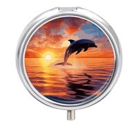 Sunset Dolphin pilldispenser with Mirror 3 Compartments Waterproof Pillcase for Purse Pocket Non-Slip Grip Travel Medicine Organizer Container Box for Vitamin Fish Oil Supplement