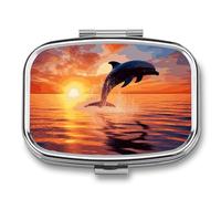 Sunset Dolphin Portable Travel Pill Box, Travel Pill Organizer Retro Durable 2 Compartments for Vitamins, Medication, Fish Oil and Supplements