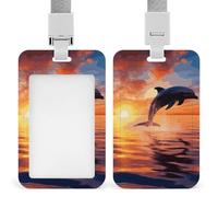 Sunset Dolphin Retractable ID Badge Holder with Lanyard - Vertical Badge Reel,Keychain Clip,Name Tag Id Card Holder Protector for Nurse Officer Teacher Security Staff Women Men