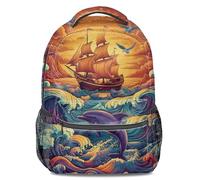 Sunset Dolphin Seagull Printed Backpack: Polyester Fiber Student Bookbag for School, Travel, 16 inch (print 4)