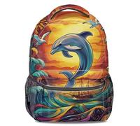 Sunset Dolphin Seagull Printed Backpack: Polyester Fiber Student Bookbag for School, Travel, 16 inch (print 1)