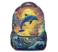 Sunset Dolphin Seagull Printed Backpack: Polyester Fiber Student Bookbag for School, Travel, 16 inch (print 2)