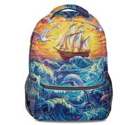 Sunset Dolphin Seagull Printed Backpack: Polyester Fiber Student Bookbag for School, Travel, 16 inch (print 3)