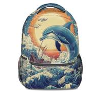 Sunset Dolphin Seagull Printed Backpack: Polyester Fiber Student Bookbag for School, Travel, 16 inch (print 5)