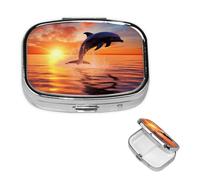 Sunset Dolphin Square Metal Pill Box 2 Compartment Cute Travel Pill Organizer Case Portable Medicine Vitamin Organizer Pill Case for Women Men Travel Unique Gift
