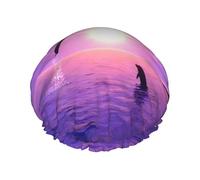 sunset dolphins (1) Print Shower Cap for Women & Men â€“ Reusable Double-Layer Bath Hair Cap with Elastic Strap L