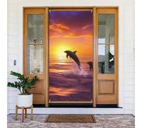Sunset Dolphins Door Cover Decorations, Welcome Door Banner Backdrop Seasonal Spring Summer Porch Banner Sign Photo Background for Indoor Outdoor Party Decor 72.8 x 35.4 Inch