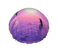 Sunset Dolphins Double Layer Waterproof Shower Cap, Extra Large Soft Elastic Band, Reusable Bath Cap For Women Men,Full Print Design