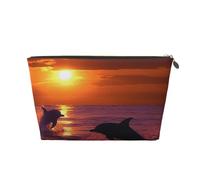Sunset Dolphins Leather Cosmetic Bag - Large Capacity Portable Travelling Toiletry Bag, Suitable for Daily and Travelling Use