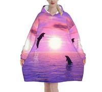 Sunset Dolphins Print Flannel Blanket Hoodie, Oversized Blanket Hoodie For Adults, Wearable Hooded Sweatshirt With Pocket For Teenagers