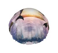 Sunset Dolphins Print Premium Double Layer Shower Cap For Women With Reusable Shower Cap For Hair - Waterproof Plastic Cap - Shower Caps For Long, Short And Curly Hairs