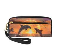 Sunset Dolphins Printed Cosmetic Bags for Women Mom, Stylish & Portable Leather Makeup Bag Cute Gifts Travel Toiletry Bag with Zipper