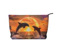 Sunset Dolphins Printed Makeup Bag Corduroy Travel Cosmetic Bags Cosmetic Case Toiletry Bag Organizer for Women Mom Girls