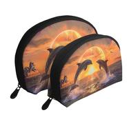 Sunset Dolphins Printed Makeup Bags 2-Piece Portable Shell Travel Toiletry Bag Cosmetic Organizer Bag for Women