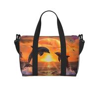 Sunset Dolphins Printed Travel Duffle Bag for Men Women Holiday Travel Luggage Bag Waterproof Tote Bag with Shoulder Strap