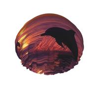 Sunset Dolphins Shower Caps for Women Reusable Waterproof Shower Cap with Elastic Strap Bath Hair Hat Double Layers Thick Bath Caps for Spa Salon Travel