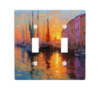 Sunset Double Light Switch Cover Plate, Impressionism Artistic Boats Water Summer Orange Plastic Standard Size Wall Switch Plates Accents for Home Living Room New Apartment Decor