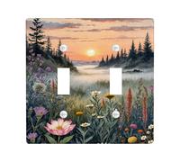 Sunset Double Light Switch Cover Plate, Nature Rustic Flowers Trees Summer Green Plastic Standard Size Toggle Light Switch Cover for Living Room Bedroom Home Office Decor