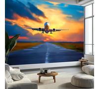 Sunset Dusk Murals, Non-Woven Wall Mural Photo Wallpaper - Airport Runway Airplane Wallpaper W400 x H280 cm for Bedroom Living Room Background Wall Decorative (Not Self-Adhesive)
