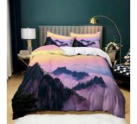 Sunset Duvet Cover Double Misty Mountains Landscape Bedding Sets Printed Soft Microfiber Quilt Cover 200x200 cm and 2 Pillowcases 50x75 cm with Zipper Closure for Teens and Adults
