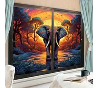 Sunset Elephant Frosted Window Film Coverings Nature Animals Tropical Forest Plants Window Privacy Film Non-Adhesive Glass Film Decorative Static Cling for Home Bathroom 45x60cm x 2 Pcs