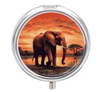 Sunset Elephant Pill Box Round Portable Small Pill Case Waterproof Travel Pill Box Organizer for Pocket Purse and Daily Convenience