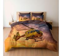 Sunset Emergency Rescue Helicopter Art Printed Duvet Cover, Reversible Taupe Quilt Cover Bedding King Bed Set, Cosy Soft Hypoallergenic Non-Iron Comforter Covers with Pillowcases