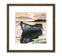 Sunset Fishing Rowboat Peaceful Lake Evening Painting Square Wooden Framed Wall Art Print Picture 8X8 Inch Artery8 Brown One Size