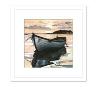 Sunset Fishing Rowboat Peaceful Lake Evening Painting Square Wooden Framed Wall Art Print Picture 8X8 Inch Artery8 White One Size