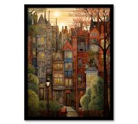 Sunset Geometric Soft Cityscape In Autumn Architecture Art Print Framed Poster Wall Decor Artery8 Black W12 inch x H16 inch