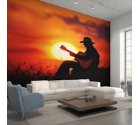 Sunset Guitar Wallpaper for Living Room, Musical Cowboy Wall Mural for Bedroom 500x350 cm, Non-Woven Photo Wallpaper, Home Decor D&O96