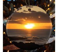 Sunset Hawaii Beach Ceramic Christmas Ornaments - 4 Pcs Rustic Round Xma Tree Decor with Hanging String, Personalized Vintage Double-Sided Holiday Party Decorations for Xmas Gifts