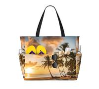 Sunset Hawaiian Palm Tree Print Large Waterproof Beach Tote Bag for Women with Zip and Pockets Foldable Handbag for Travel Pool Shopping Holiday Gym