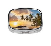 Sunset Hawaiian Palm Tree Print Pill Box 2 Compartment Medicine Pill Case,Portable for Pocket Or Purse Pill Box Decorative Metal Medicine Organizer