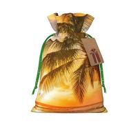 (Sunset Hawaiian Palm Tree) Printed Christmas M Size Gift Bags with Green Ribbon Drawstring Candy Bags for Kids Xmas Holiday Christmas Eve Presents