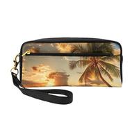 Sunset Hawaiian Palm Tree Printed Leather Makeup Bags with Wrist Strap Portable Travel Toiletry Bag Cosmetic Organizer Bag for Women