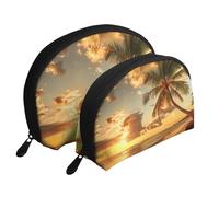 Sunset Hawaiian Palm Tree Printed Makeup Bags 2-Piece Portable Shell Travel Toiletry Bag Cosmetic Organizer Bag for Women