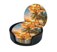 Sunset Hawaiian Palm Tree Round Leather Coaster Set (6 Pieces) â€“ Premium Single-Sided Printed Coasters Pu Leather, Perfect For Home And Office