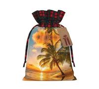 Sunset Hawaiian Palm Tree Waves Print Burlap Plaid Gift Bag, Holiday Drawstring Gift Bags,Party Favor Pouchs, Jewelry Pouch