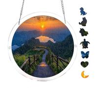 Sunset Hills Lake Path Landscape Acrylic Round Puzzle 7.8x7.8Inch Hanging Decor