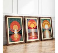 Sunset Horizons Triptych Art Deco Set of 3 Framed Wall Art Prints A2